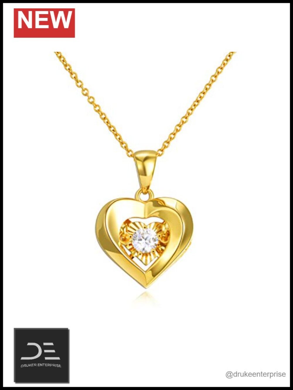 Real 18k Gold Heart Pendant Necklace Fine Cubic Zirconia Love Jewelry Gift for